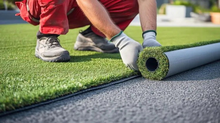 A worker in red pants and gray gloves unrolling a roll of green artificial turf onto a gray surface