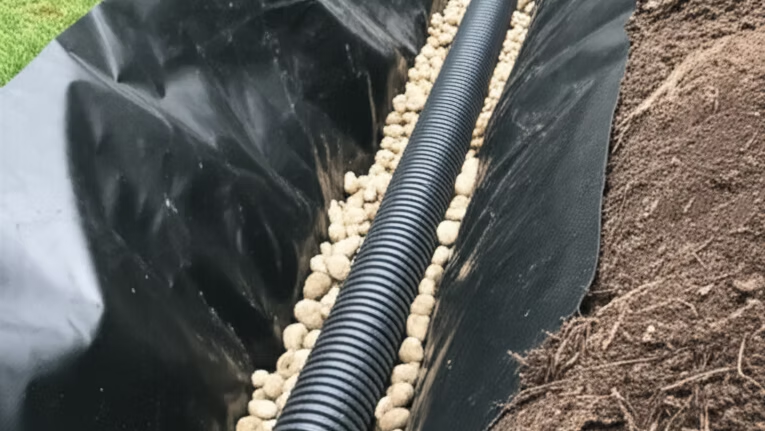 Black corrugated drainage pipe laid in a trench lined with fabric and filled with gravel